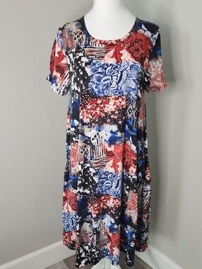 NWT LuLaRoe Jessie Patchwork Floral Midi Dress - Red, Blue & Black w/ Pockets